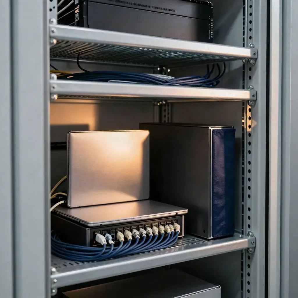 Tidy server cupboard with firewall appliance, cable looms, and closed laptop on steel shelf