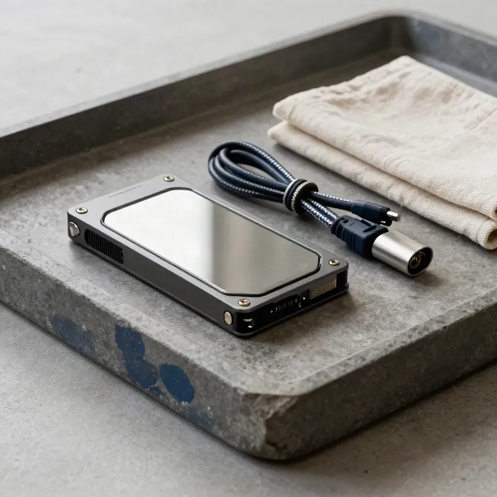 SSD dock, mirrored drive and restore cable on a stone tray with folded linen