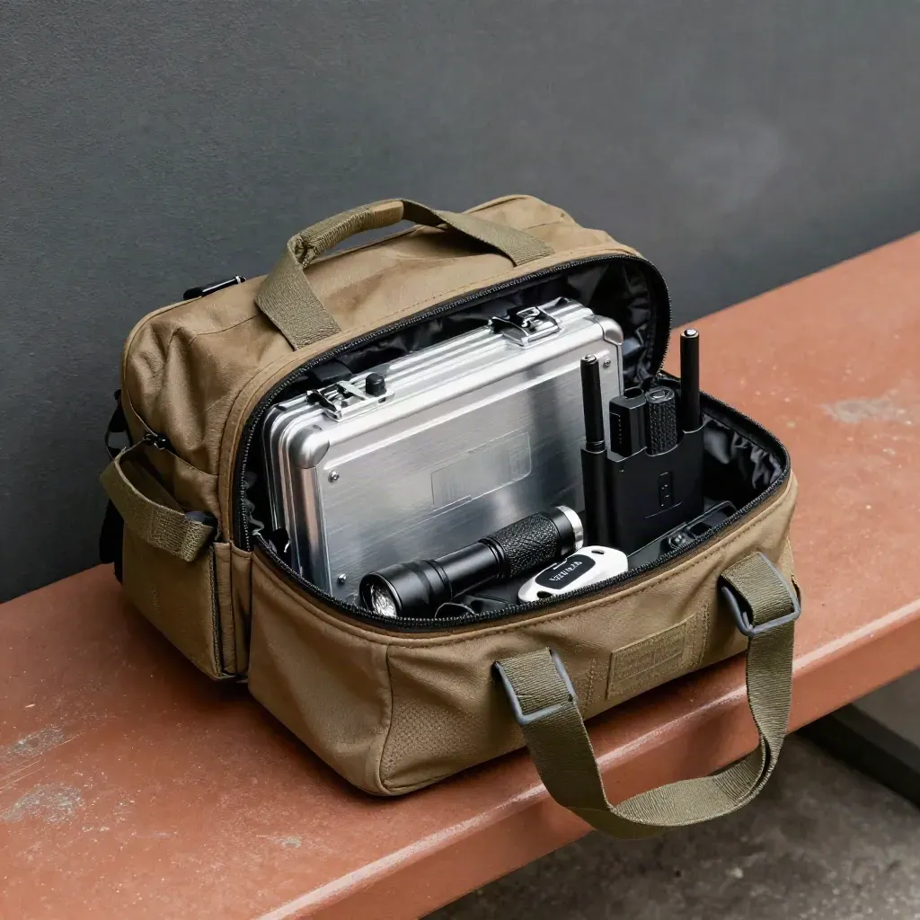 Packed incident-response kit with drive case, torch, router and auth key on a dark bench.