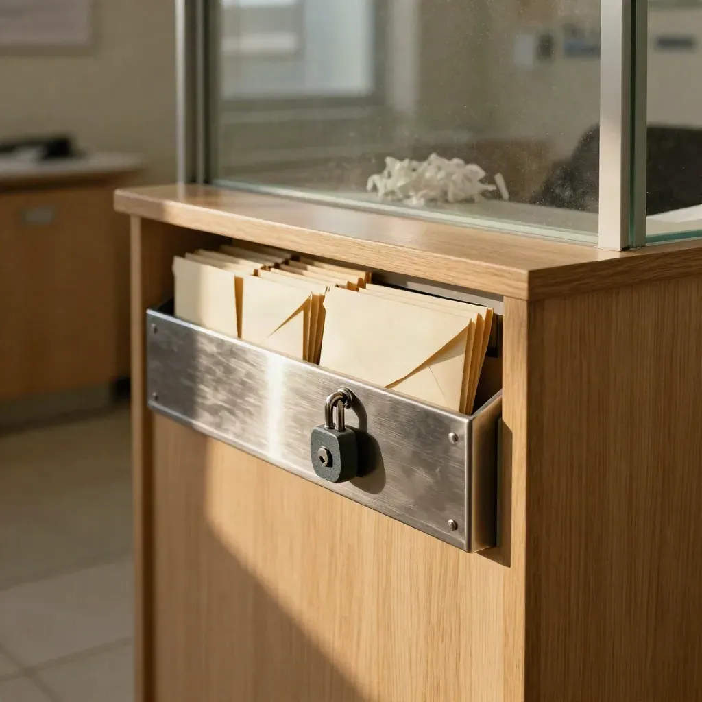 Locked clinic mail tray with sealed envelopes and a blurred shred bin in warm afternoon light