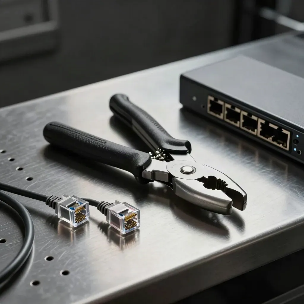 Ethernet plugs, crimping tool and switch on a brushed metal bench in dramatic side light.