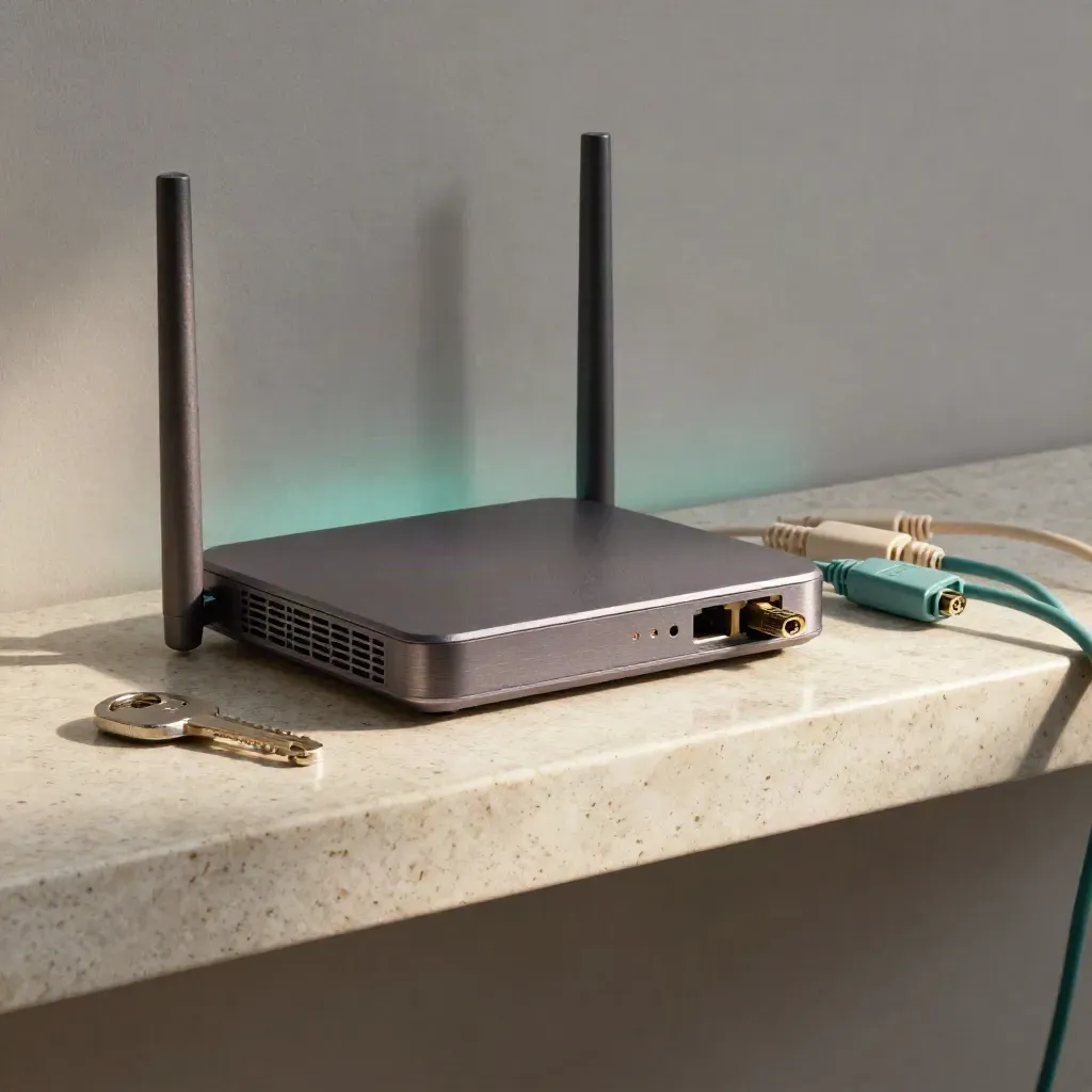 Router, hardware key and patch leads on a stone shelf in soft side light.