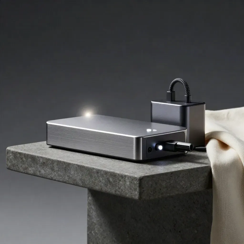 Backup drive dock, status beacon and power brick on a stone shelf, softly lit in a vigilant still life