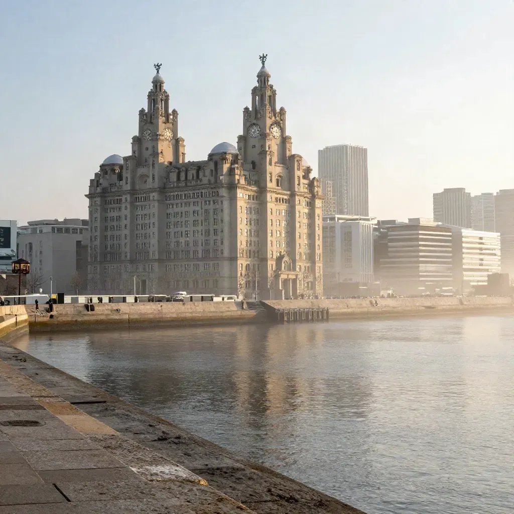 Liverpool waterfront with the Three Graces above a misty dock basin and calm grey water.